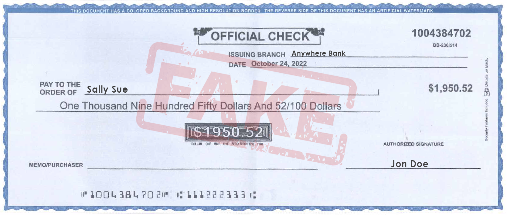 fraudulent check example image