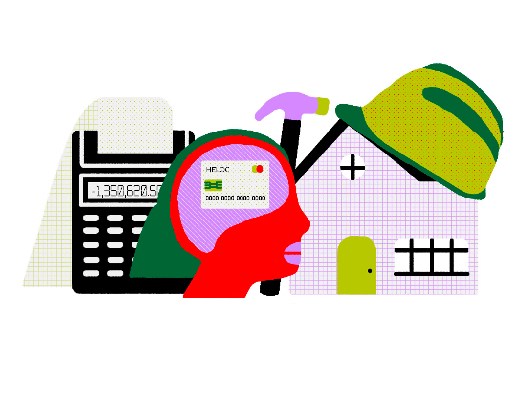 colorful graphic of human head, calculator, construction hat and hammer. 