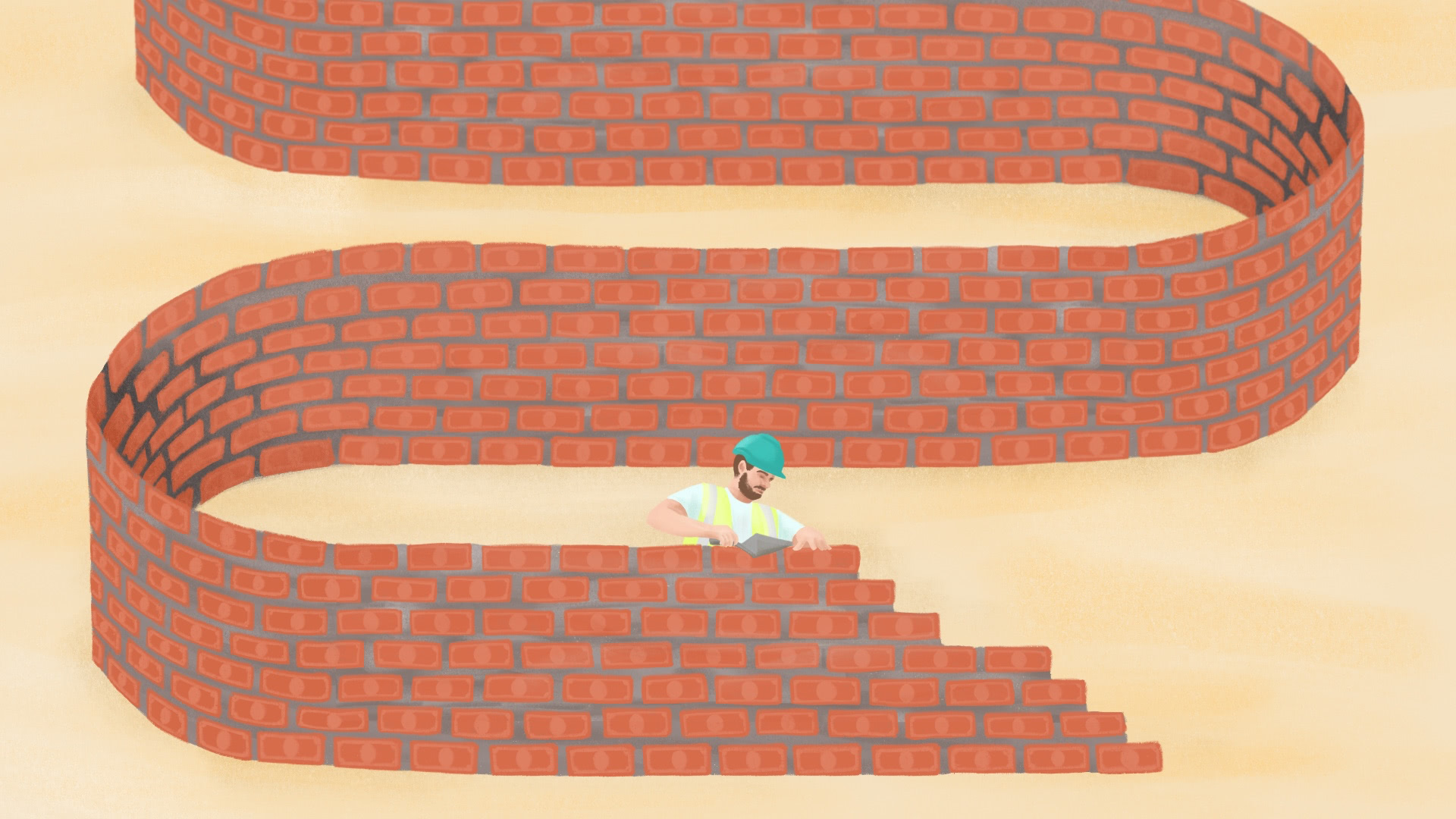Man building brick wall. 