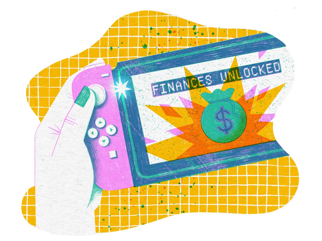 yellow, pink and blue graphic of hand holding handheld game console. 