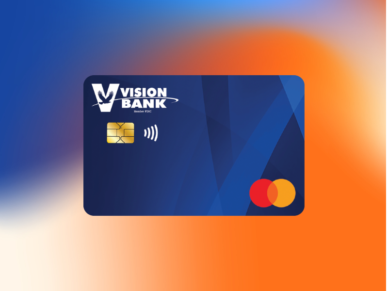 Vision Bank debit card on blue and orange background.