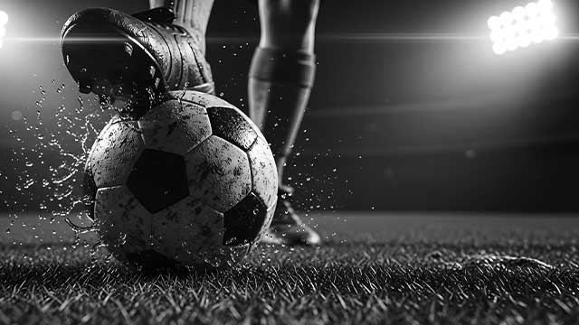 black and white image of soccer ball on soccer field